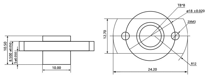 T8 细丝 POM 螺母 螺距 2mm 导程 8mm 不锈钢细丝铣削 POM 螺母
