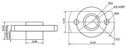 T8 细丝 POM 螺母 螺距 2mm 导程 8mm 不锈钢细丝铣削 POM 螺母